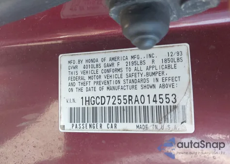 1994 Honda Accord Ex z USA, uszkodzony, nr VIN 1HGCD7255RA014553